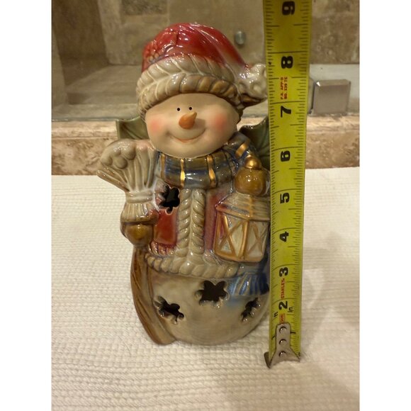 Ceramic Snowman Tealight Holder With Lantern & Santa Hat For Christmas Decor - Picture 8 of 9